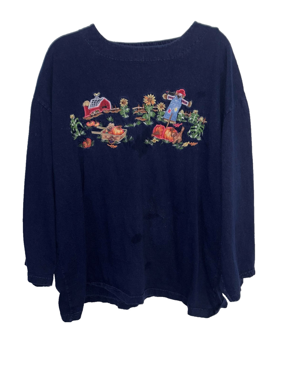 Victoria Jones Vintage Fall Sweatshirt Womens 2X Embroidered Pumpkin Scarecrow